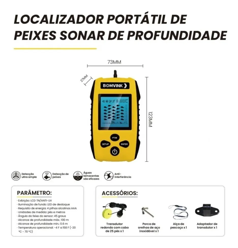 Localizador de Peixes Sonar Portátil Fish Finder com Transdutor e Display LCD – Jefe's Imports Localizador de Peixes Sonar Portátil Fish Finder com Transdutor e Display LCD - Jefe's Imports