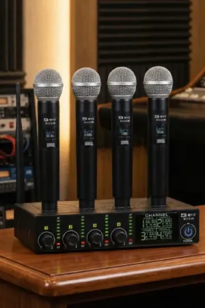 Sistema de Microfone Sem Fio Profissional BYZ-D-69 UHF 4 Canais com Display Digital - Jefe's Imports