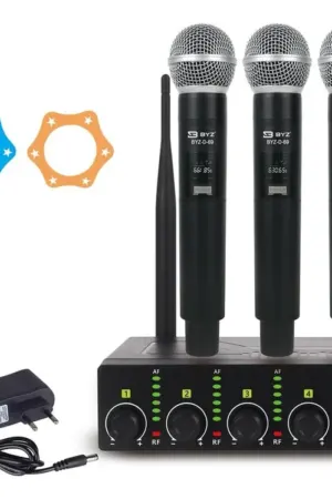 Sistema de Microfone Sem Fio Profissional BYZ-D-69 UHF 4 Canais com Display Digital - Jefe's Imports