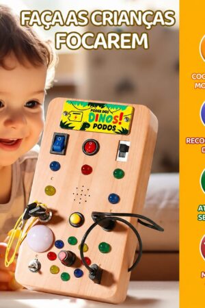 Painel Sensorial Infantil Montessori Dino Power Interativo em Madeira com Luzes Educativas - Jefe's Imports