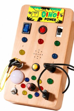 Painel Sensorial Infantil Montessori Dino Power Interativo em Madeira com Luzes Educativas - Jefe's Imports