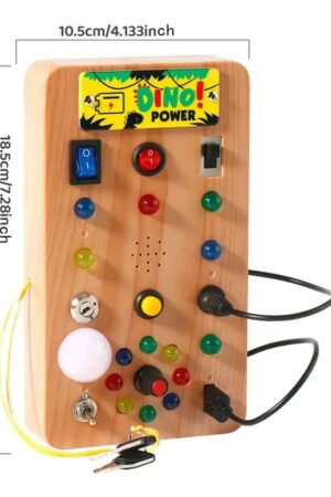 Painel Sensorial Infantil Montessori Dino Power Interativo em Madeira com Luzes Educativas - Jefe's Imports