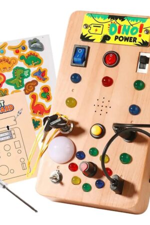 Painel Sensorial Infantil Montessori Dino Power Interativo em Madeira com Luzes Educativas - Jefe's Imports