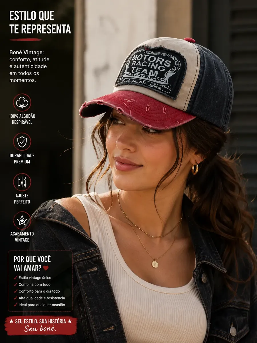Boné Vintage Motor Racing Team Masculino Feminino Ajustável Estilo Racing Desgastado Algodão Premium - Jefe's Imports
