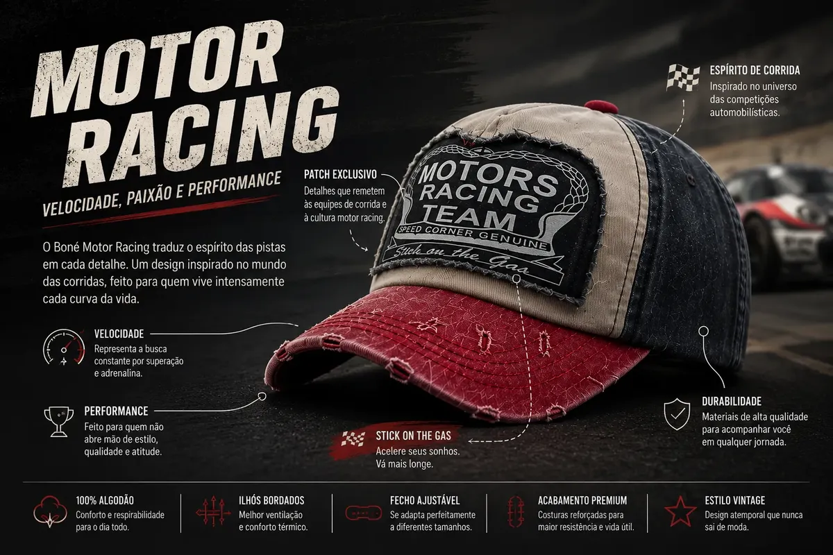 Boné Vintage Motor Racing Team Masculino Feminino Ajustável Estilo Racing Desgastado Algodão Premium - Jefe's Imports