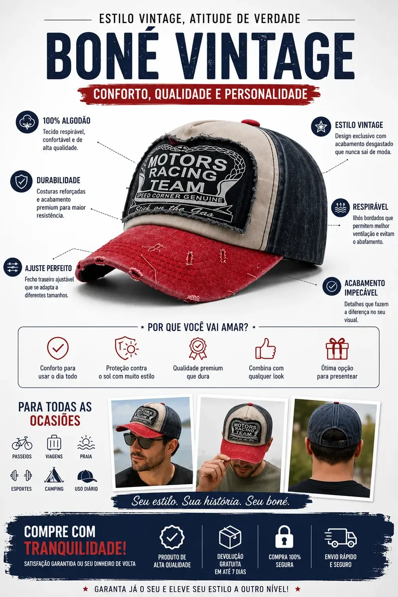 Boné Vintage Motor Racing Team Masculino Feminino Ajustável Estilo Racing Desgastado Algodão Premium - Jefe's Imports