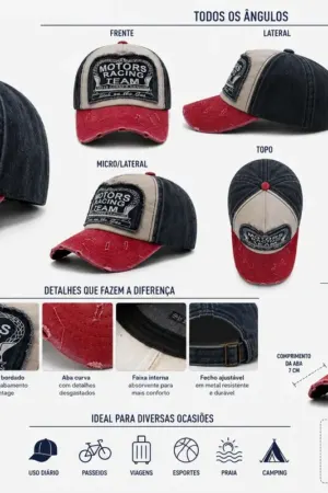 Boné Vintage Motor Racing Team Masculino Feminino Ajustável Estilo Racing Desgastado Algodão Premium - Jefe's Imports