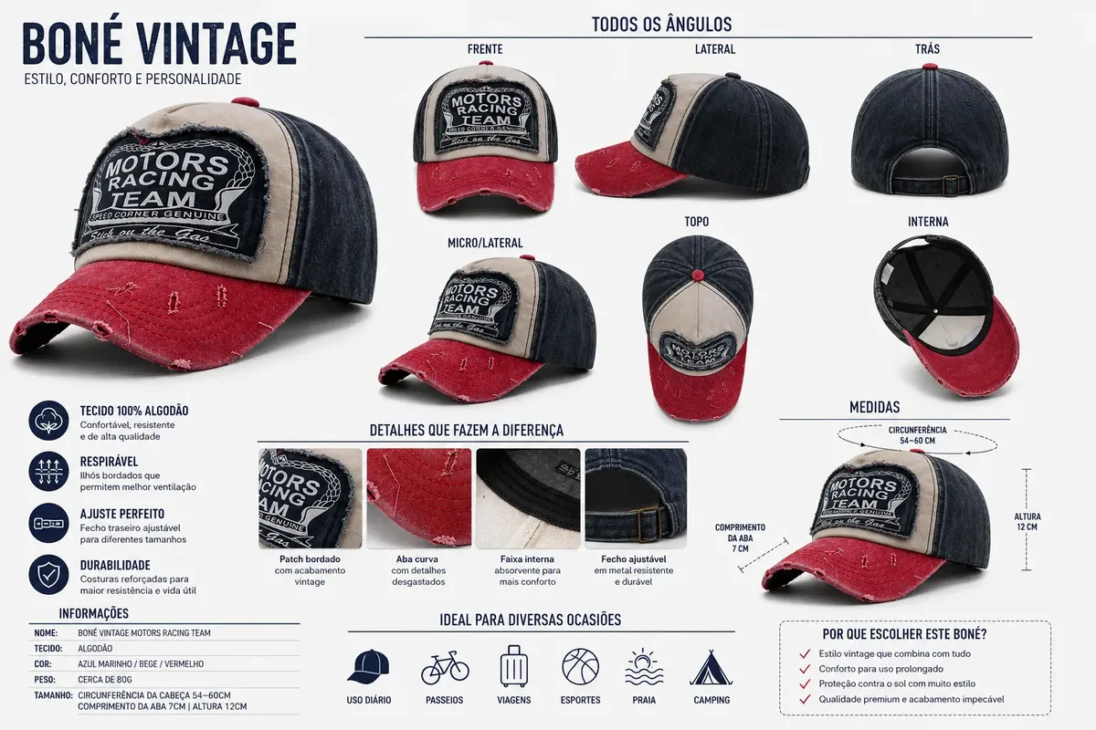 Boné Vintage Motor Racing Team Masculino Feminino Ajustável Estilo Racing Desgastado Algodão Premium - Jefe's Imports