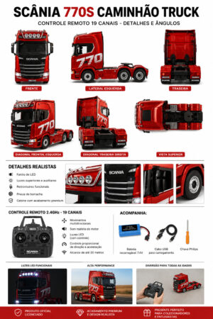 Caminhão Scania 770S Controle Remoto 19 Canais 2.4GHz Recarregável Escala 1:18 Licenciado - Jefe's Imports