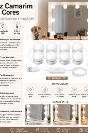 Kit Luz Camarim LED para Espelho 10 Lâmpadas USB 3 Cores com Dimmer Ajustável - Jefe's Imports