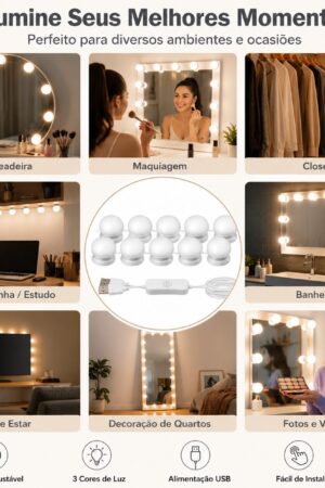 Kit Luz Camarim LED para Espelho 10 Lâmpadas USB 3 Cores com Dimmer Ajustável - Jefe's Imports