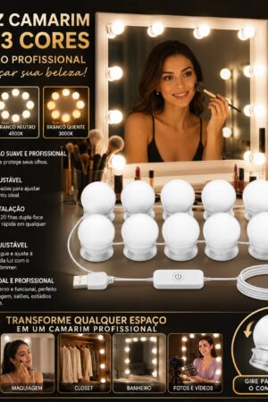 Kit Luz Camarim LED para Espelho 10 Lâmpadas USB 3 Cores com Dimmer Ajustável - Jefe's Imports